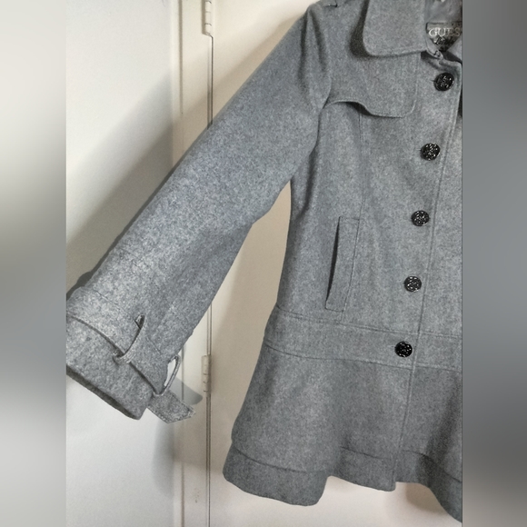 Guess (Size L) Gray Ruffle Layered Hem Wool Blend Button Down Belted Cuff Coat - Picture 5 of 16